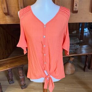 Parallel skies size medium Vibrant Coral Button-Front Blouse cold shoulder